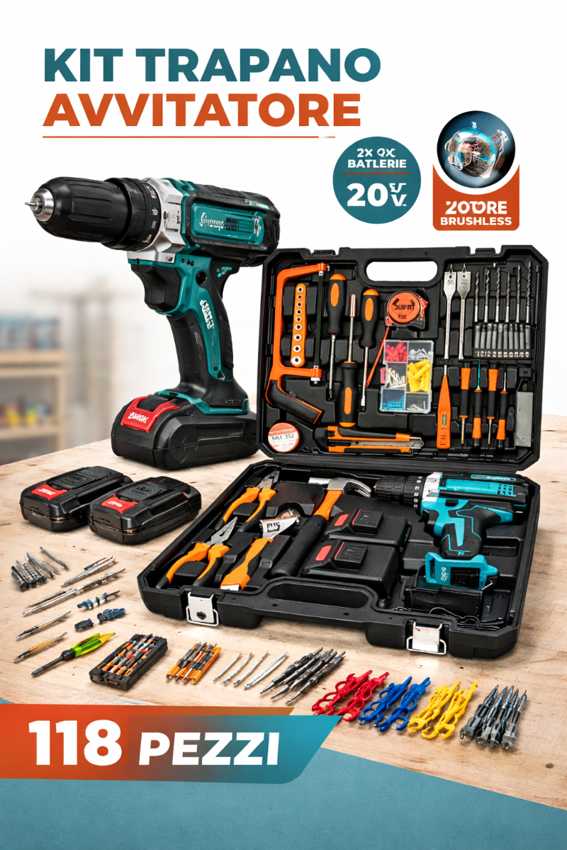 Kit Valigetta Attrezzi 118 Pezzi con Trapano Avvitatore a Batteria 48V Brushless con 2 Batterie