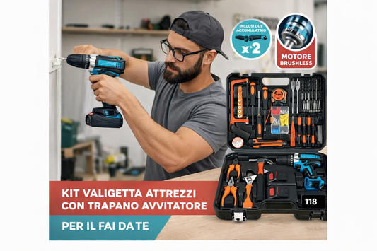 Kit Valigetta Attrezzi 118 Pezzi con Trapano Avvitatore a Batteria 48V Brushless con 2 Batterie